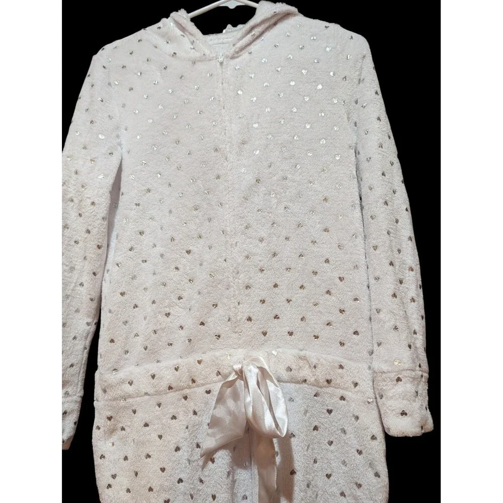 Justice Bunny Hooded Fleece Metallic Hearts. OnePiece Girs Size 14-16